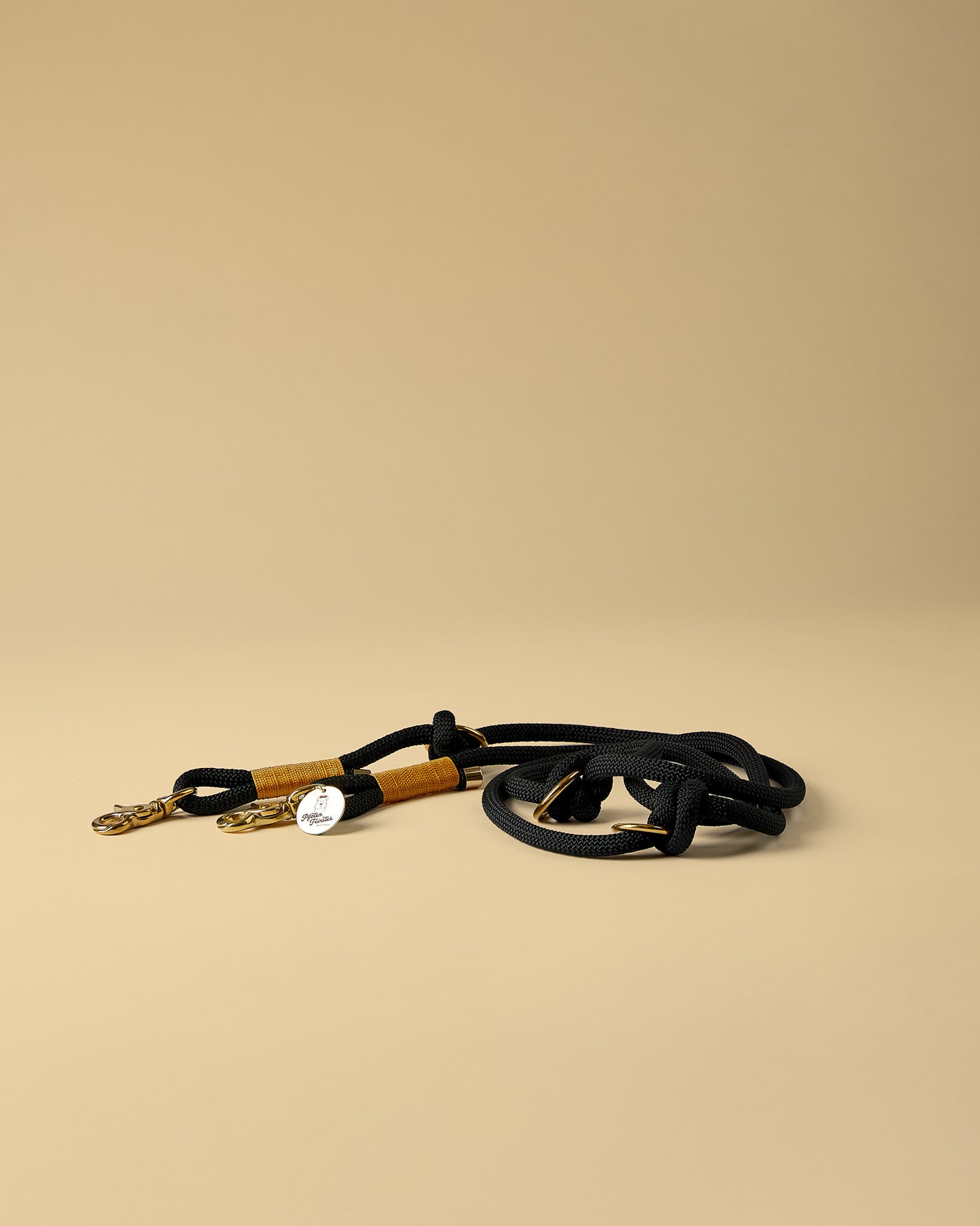 Verstellbare Hundeleine in Schwarz/Gold mit goldenen Beschlägen – elegante Premium-Leine für mittelgroße und große Hunde, handgemacht in Österreich