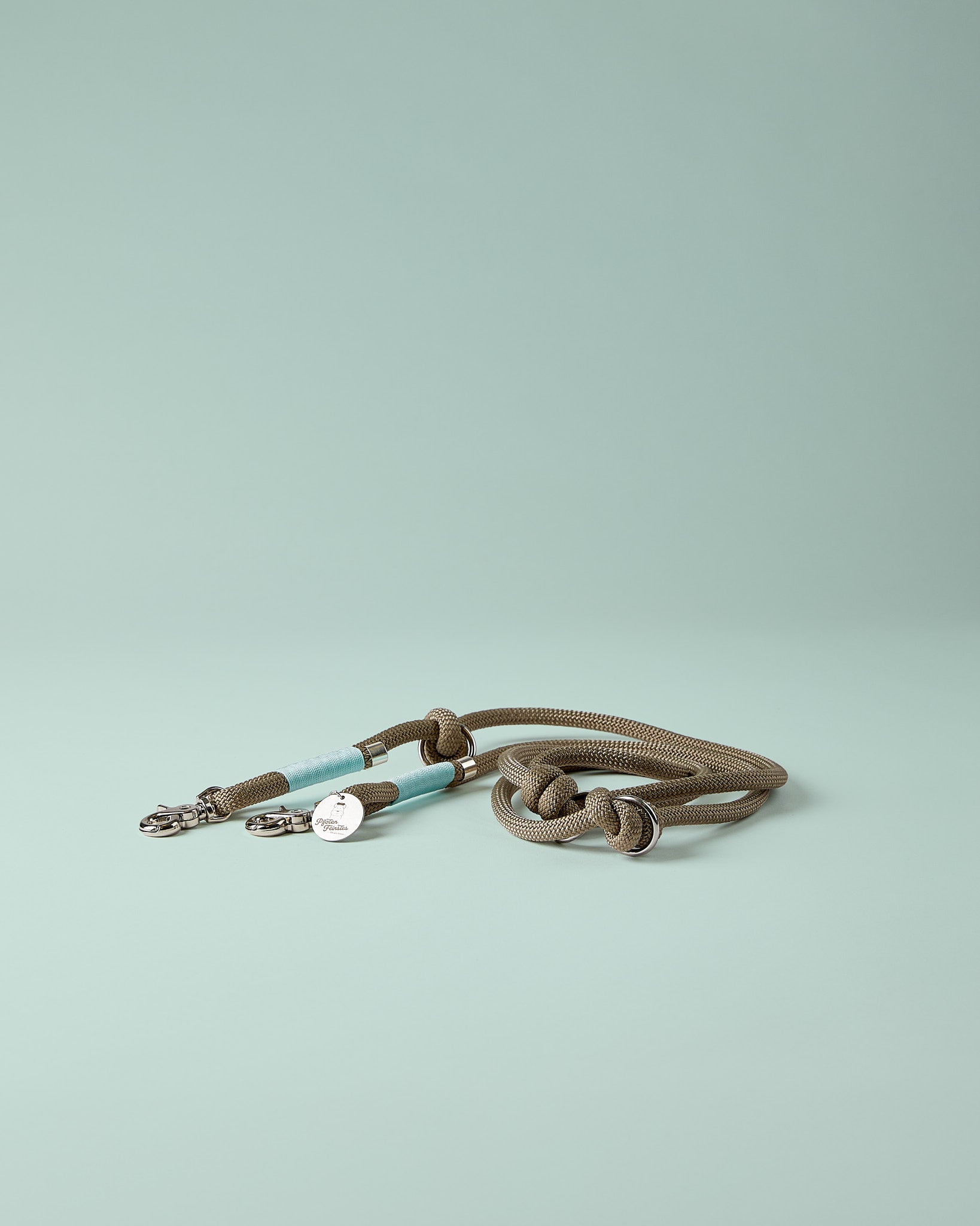 Verstellbare Hundeleine in Mint/Blau und TAN mit silbernen Beschlägen – elegante Premium-Leine für mittelgroße bis große Hunde, handgefertigt in Österreich