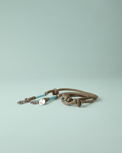 Verstellbare Hundeleine in Mint/Blau und TAN mit silbernen Beschlägen – elegante Premium-Leine für mittelgroße bis große Hunde, handgefertigt in Österreich
