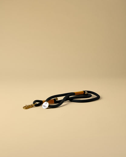 Hundeleine in Schwarz/Gold mit goldenen Beschlägen – elegante Premium-Leine für mittelgroße und große Hunde, handgemacht in Österreich