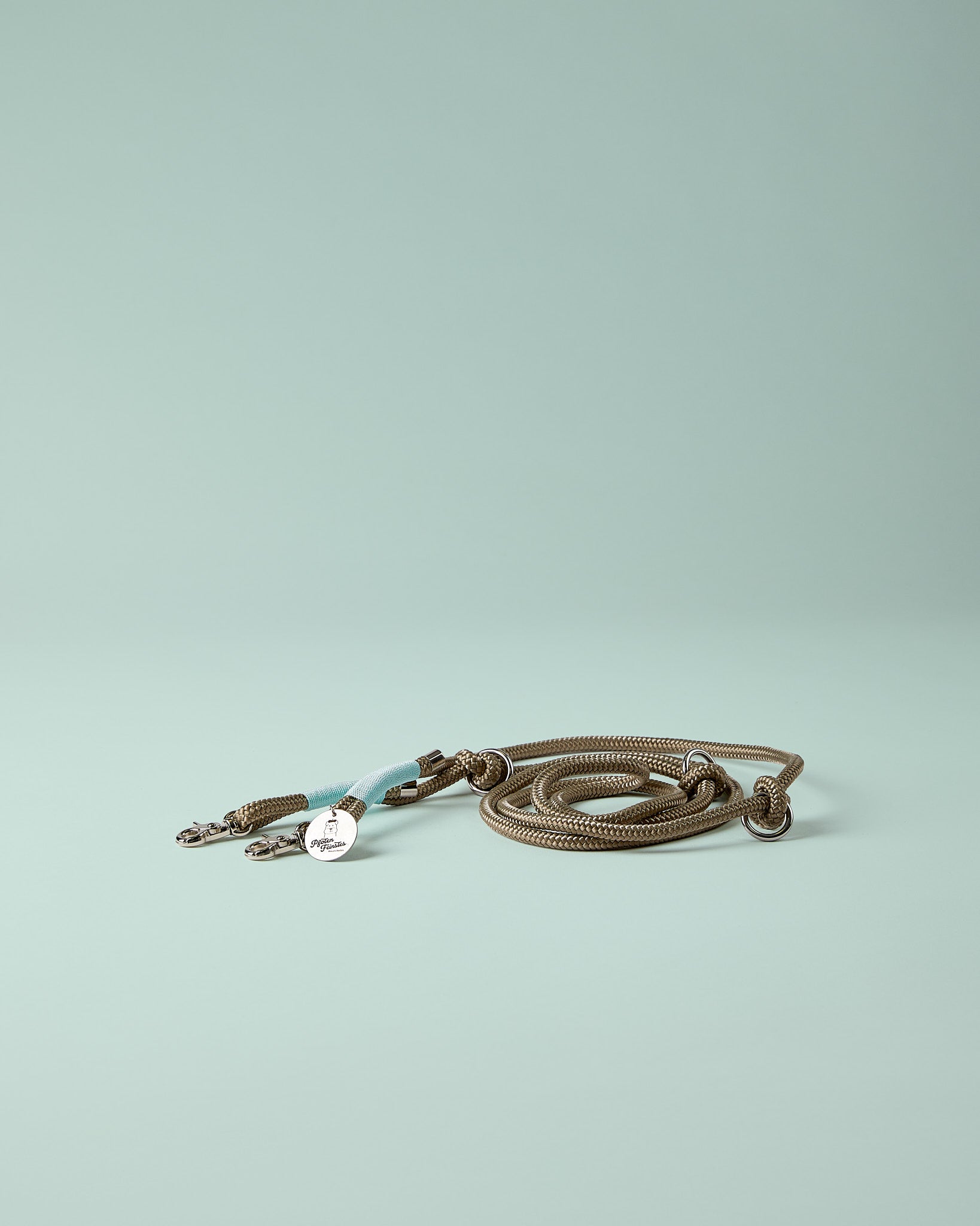 Verstellbare Hundeleine in Mint/Blau mit silbernen Beschlägen – elegante Premium-Leine, handgemacht in Österreich, für kleine Hunde