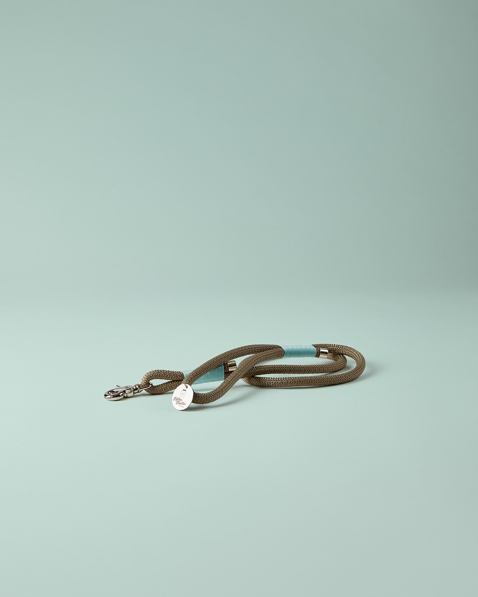 Hundeleine in Mint/Blau und TAN mit silbernen Beschlägen – elegante Premium-Leine für mittelgroße bis große Hunde, handgefertigt in Österreich