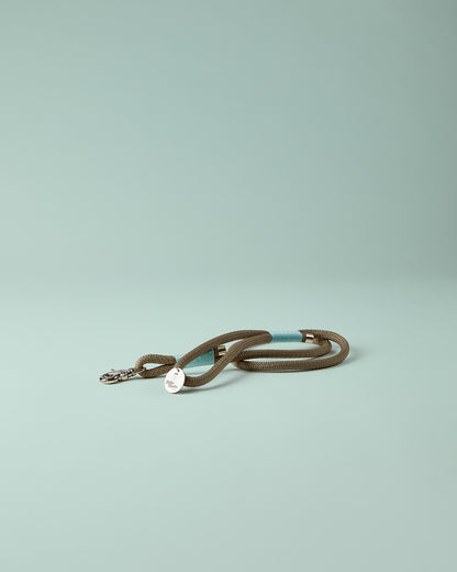 Hundeleine in Mint/Blau und TAN mit silbernen Beschlägen – elegante Premium-Leine für mittelgroße bis große Hunde, handgefertigt in Österreich