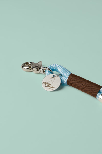 Verstellbare Hundeleine in Blau und Braun mit silbernen Beschlägen – elegante Premium-Leine für mittelgroße und große Hunde, handgemacht in Österreich