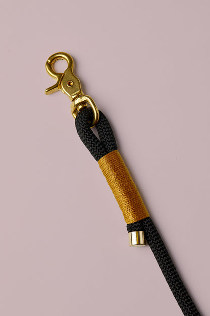 Hundeleine in Schwarz/Gold mit goldenen Beschlägen – elegante Premium-Leine für mittelgroße und große Hunde, handgemacht in Österreich