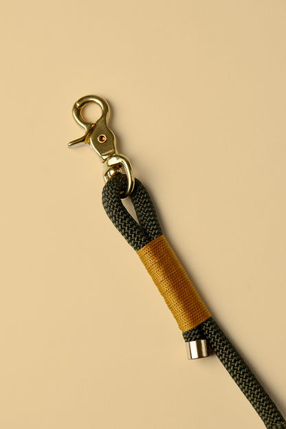 Hundeleine in Army-Green/Gold mit goldenen Beschlägen – elegante Premium-Leine für mittelgroße und große Hunde, handgemacht in Österreich