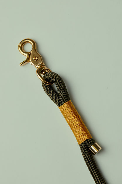 Verstellbare Hundeleine in Army-Green/Gold mit goldenen Beschlägen – elegante Premium-Leine für mittelgroße und große Hunde, handgemacht in Österreich