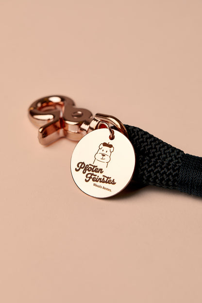 Verstellbare Hundeleine in Schwarz mit roségoldenen Beschlägen – elegante Premium-Leine, handgemacht in Österreich, für mittelgroße und große Hunde